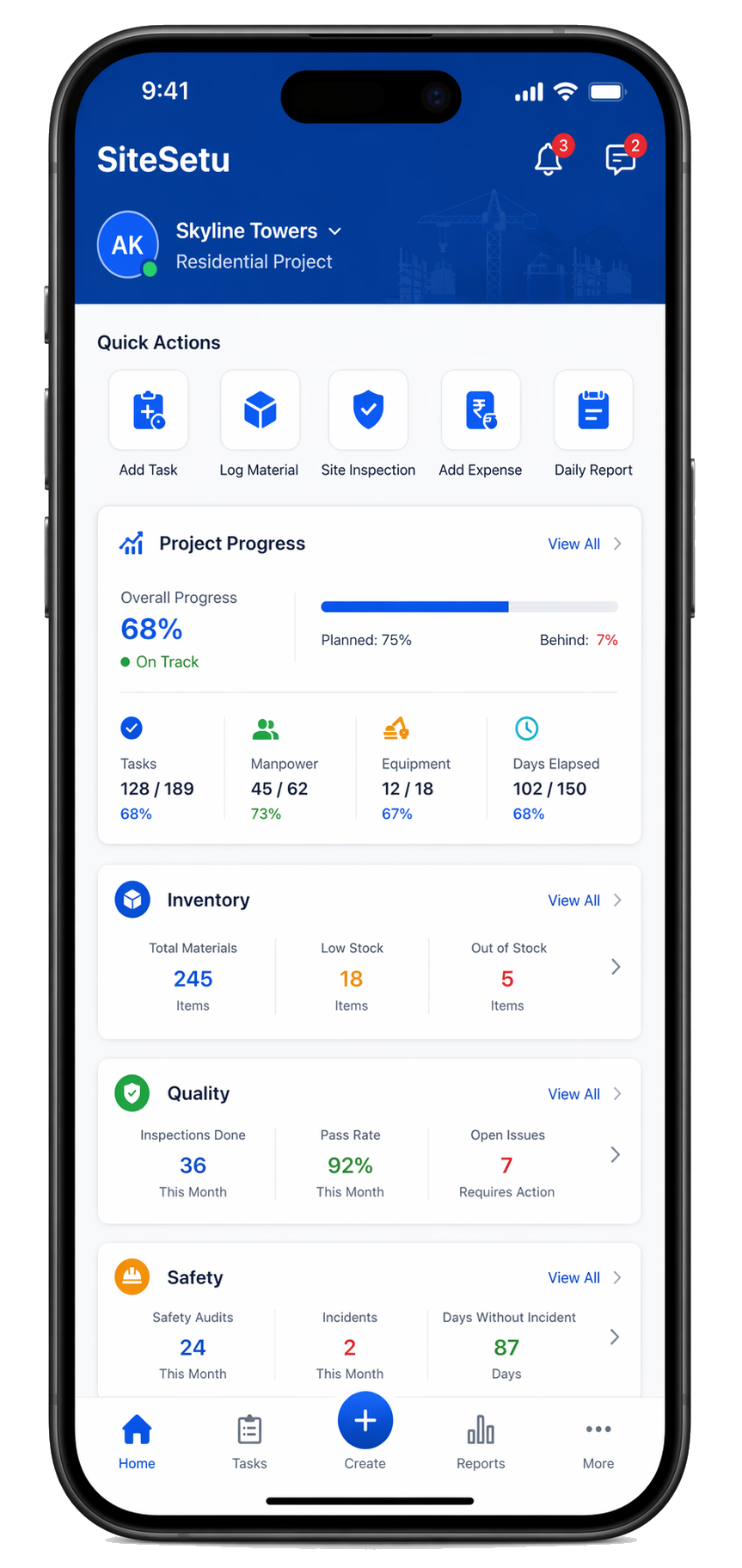 SiteSetu mobile dashboard for site teams