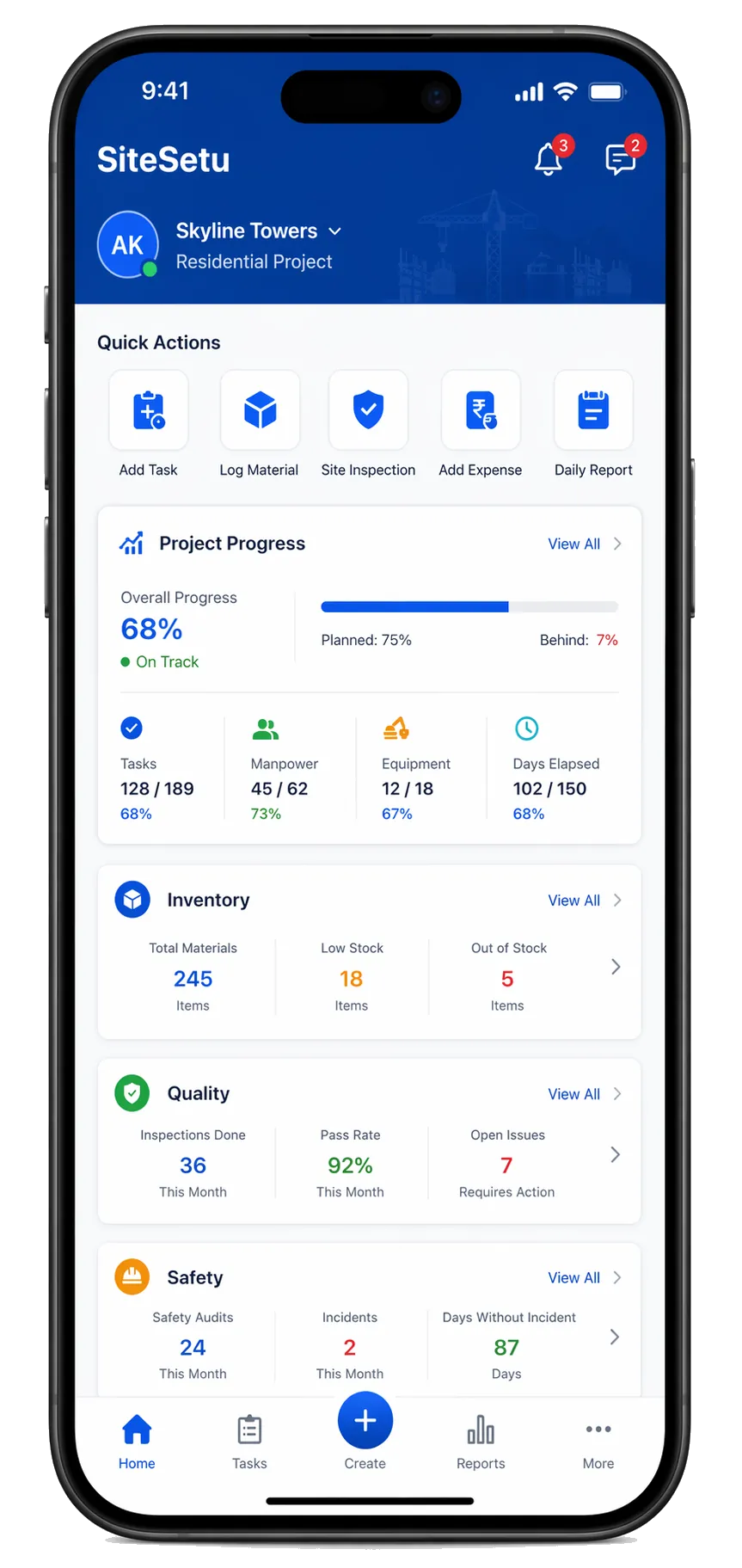 SiteSetu mobile dashboard for site teams