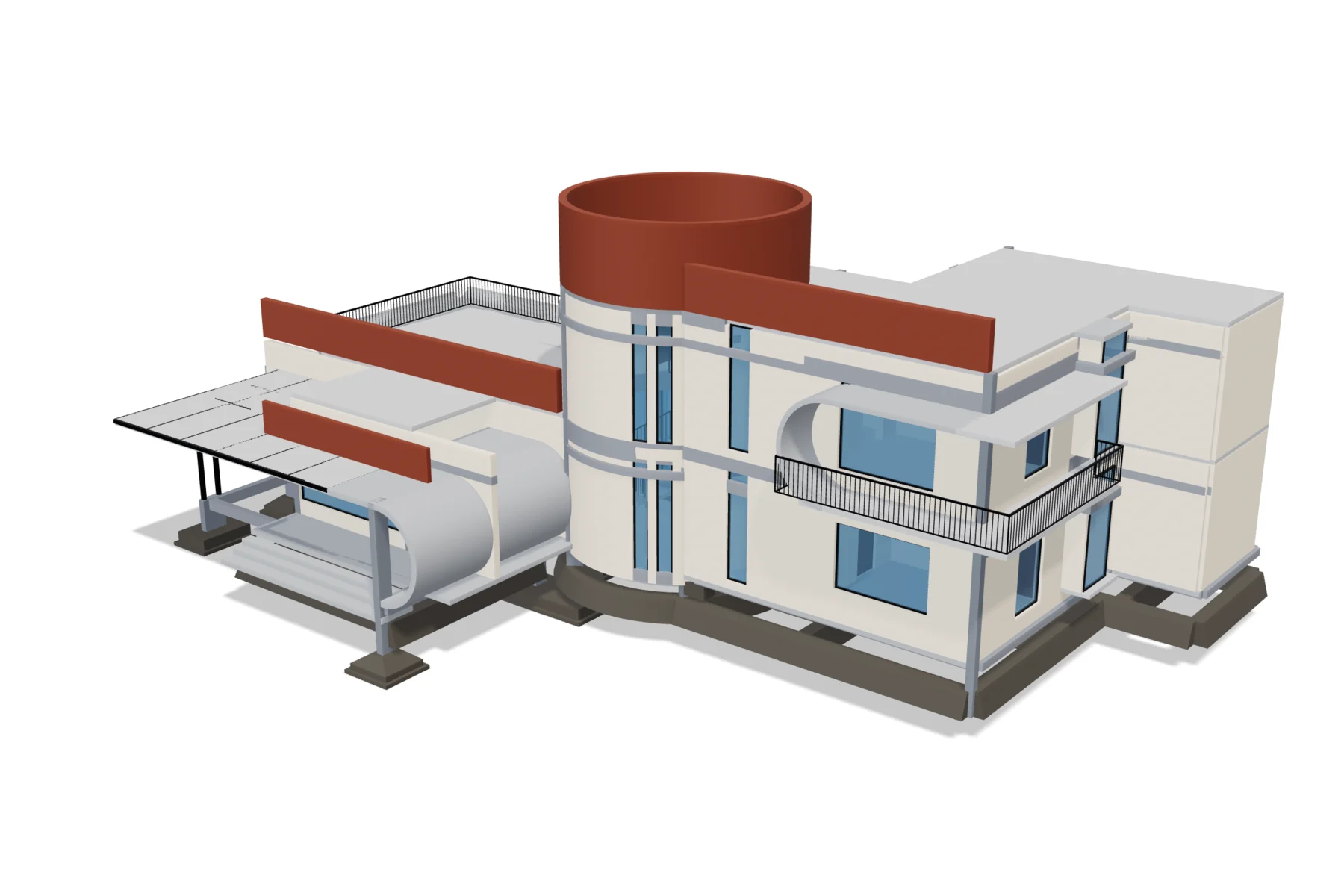 3D BIM model of the same residence, with foundations, curved stair tower and glazing