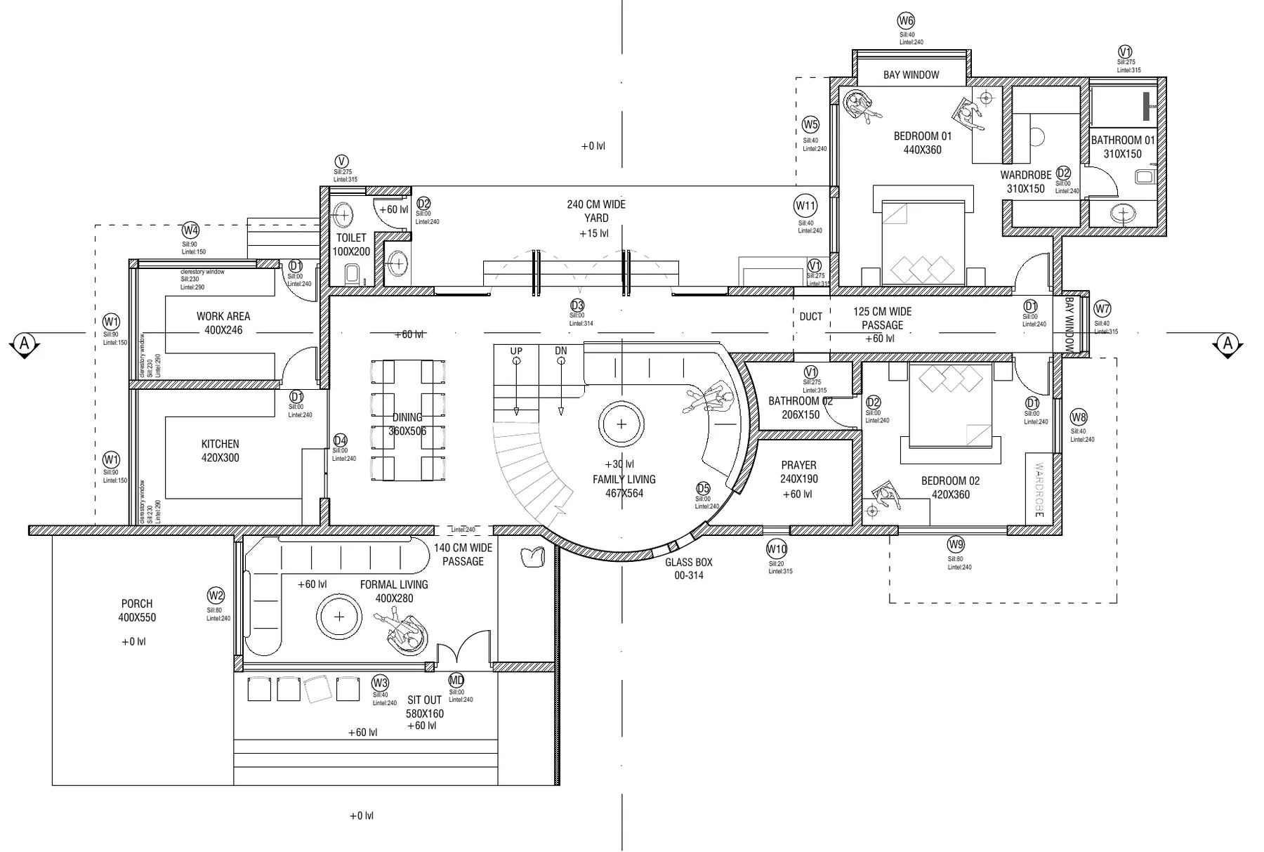 Ground floor plan of a residence with a curved stair core